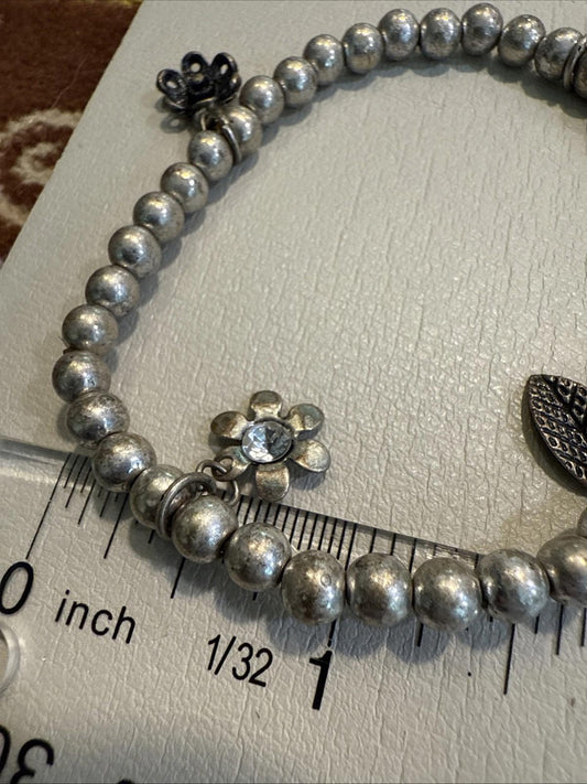 vintage stretch bracelet set Silver Toned Floral Flower And Leaves Rhinestone