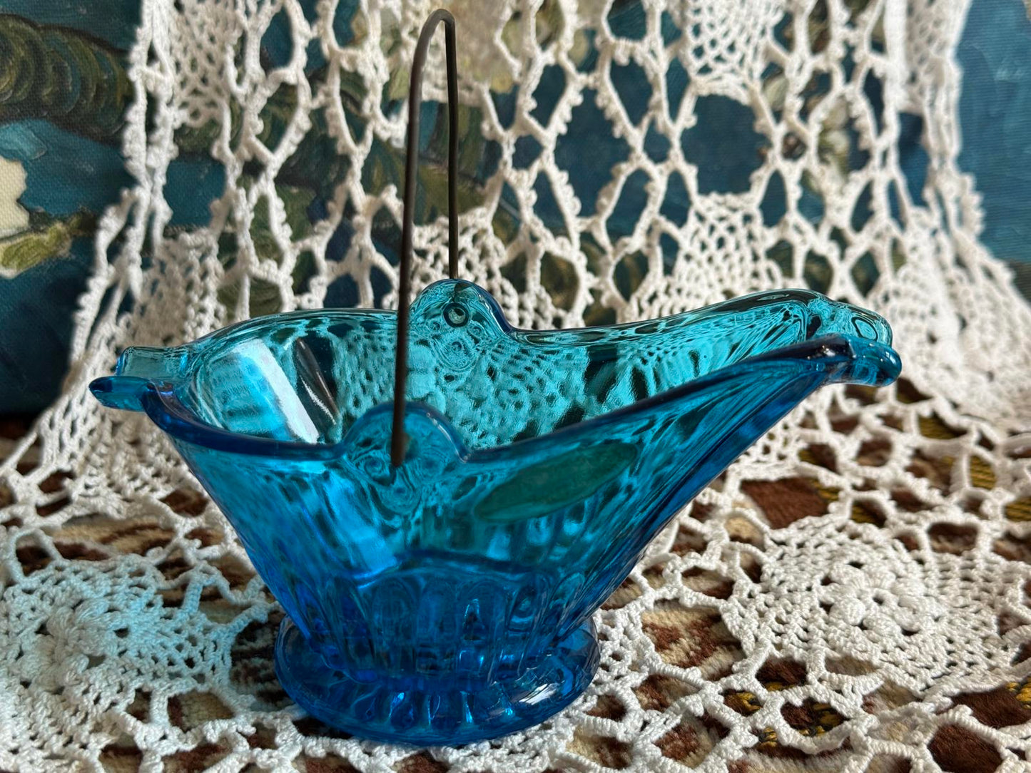 L.E. Smith Blue 'Coal Buck' Ashtray with metal handle Smith Glass