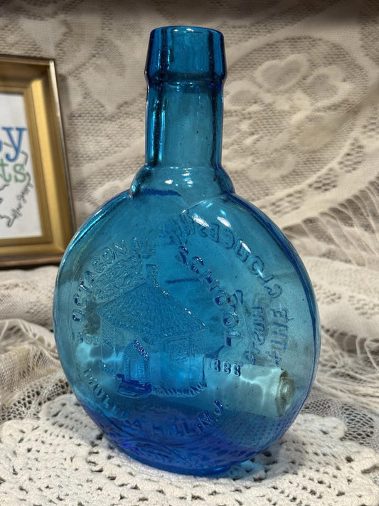 Clevenger Brothers glass bottle Octoganal School Mullica Hill NJ blue w/ scroll