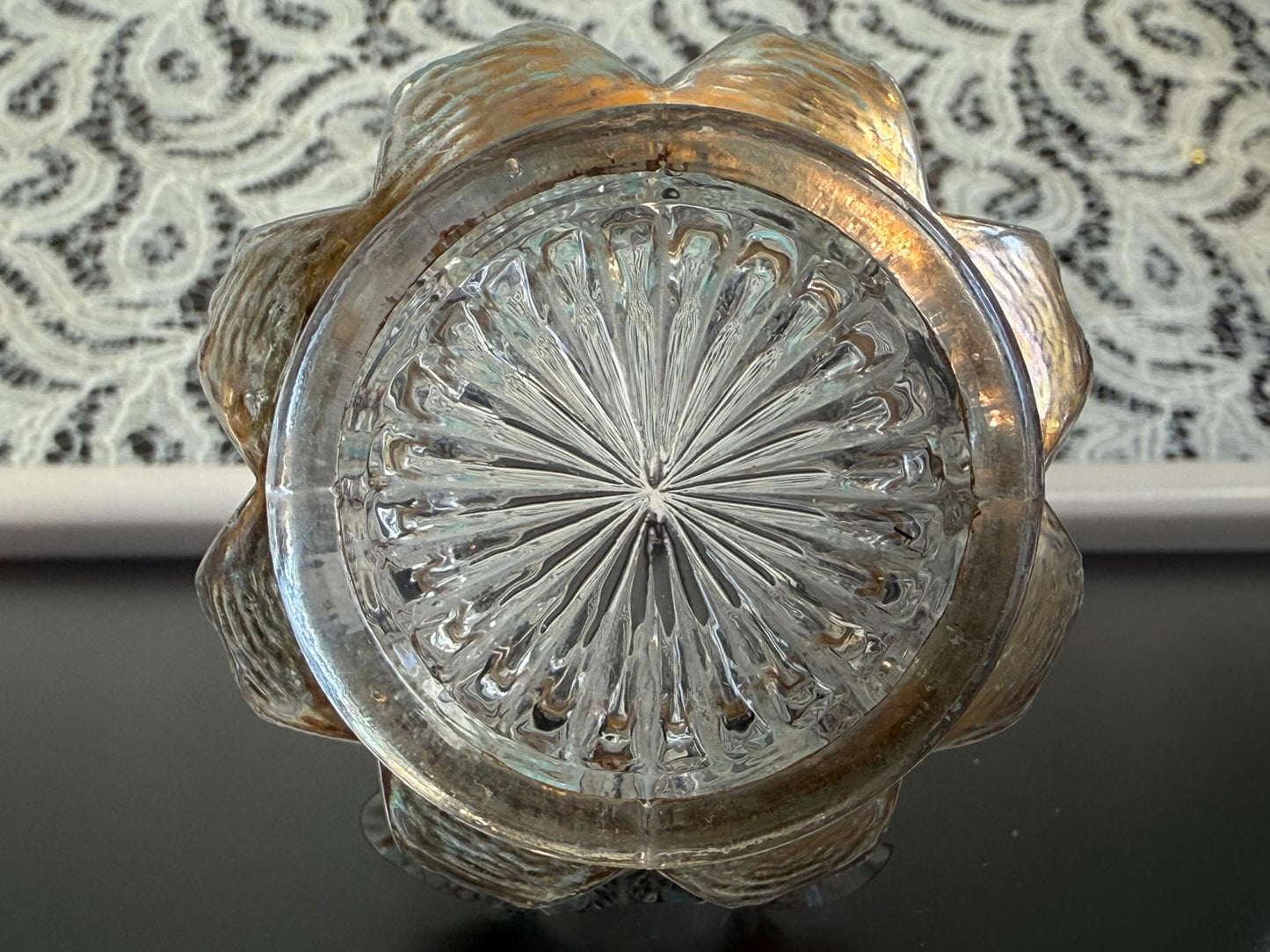 Vintage crystal Pressed glass toothpick holder Scalloped Top Gold Trimmed