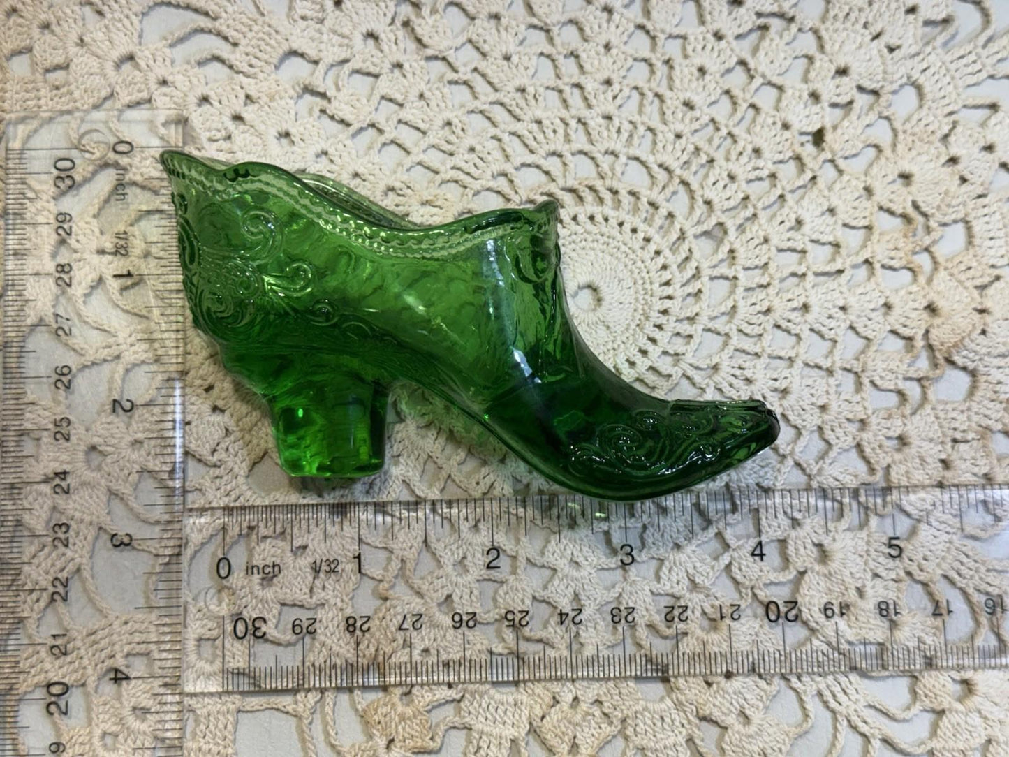 Vintage Mosser Victorian Style Green Miniature Glass Shoe Front Bow & Scrolls