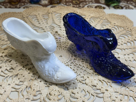Fenton Queen Kitten Slipper White Milk and Cobalt Glass Daisy & Button Pair Of 2