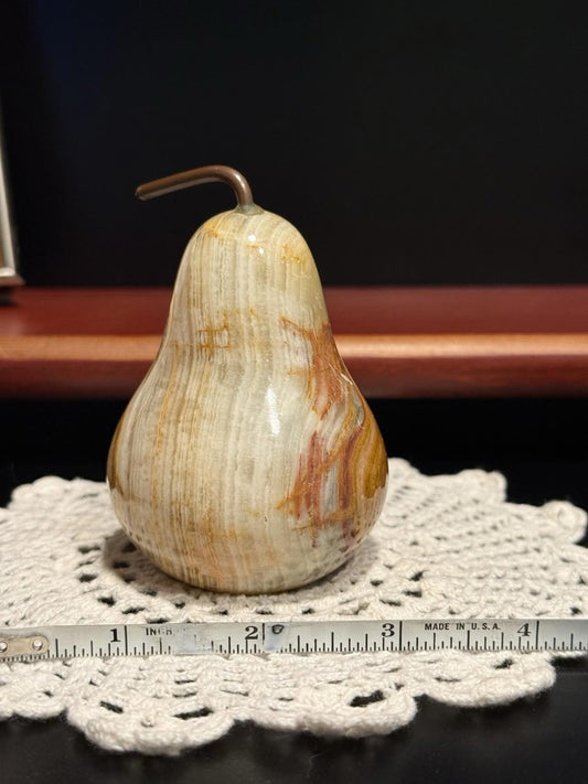 Vintage Onyx Marble Stone Pear Shaped Fruit Paperweight Hand-Carved Polished 4"