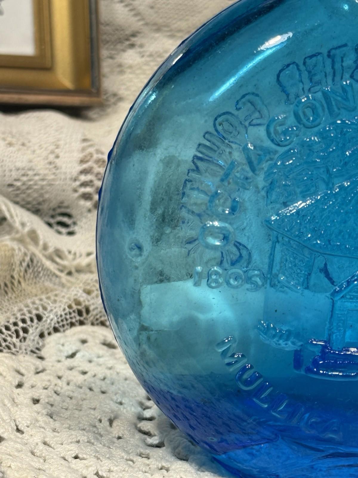 Clevenger Brothers glass bottle Octoganal School Mullica Hill NJ blue w/ scroll