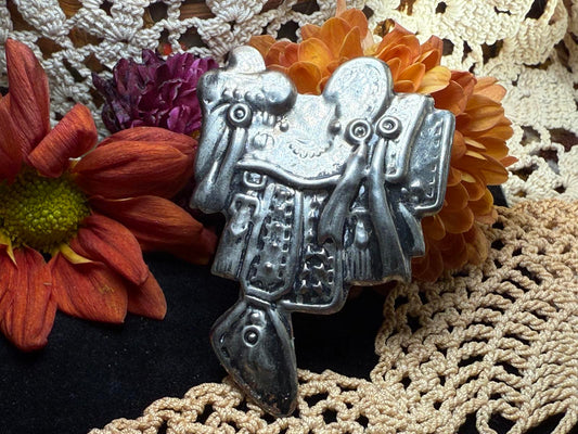 Vintage Western Cowboy & Horse Silver Tone Tin Brooch Pin Japan 1950's