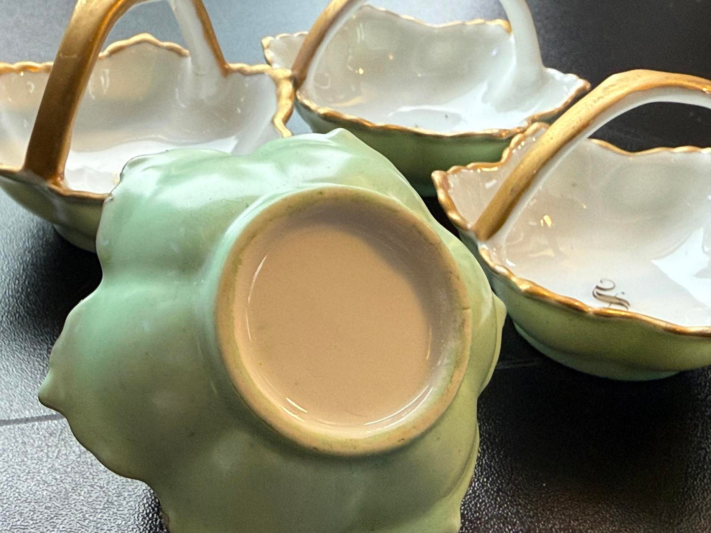 Set of 4 Porcelain Bowls with Gold Trim & Handles Salt Cellar or Condiment Dish