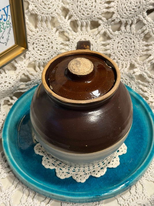 Vintage Bean Pot hand thrown clay pottery two tone with small chips on lid