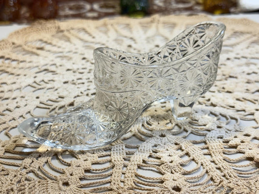 Vintage Victorian Fenton Daisy & Button Clear Glass Shoe Slipper With Bow Front