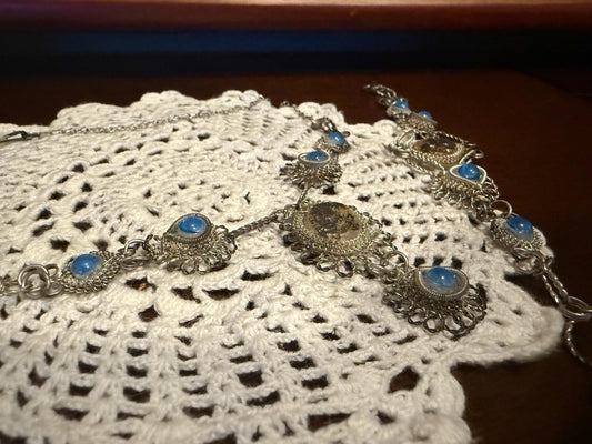 wire wrapped necklace and bracelet set 1970’s silver tone with beads set