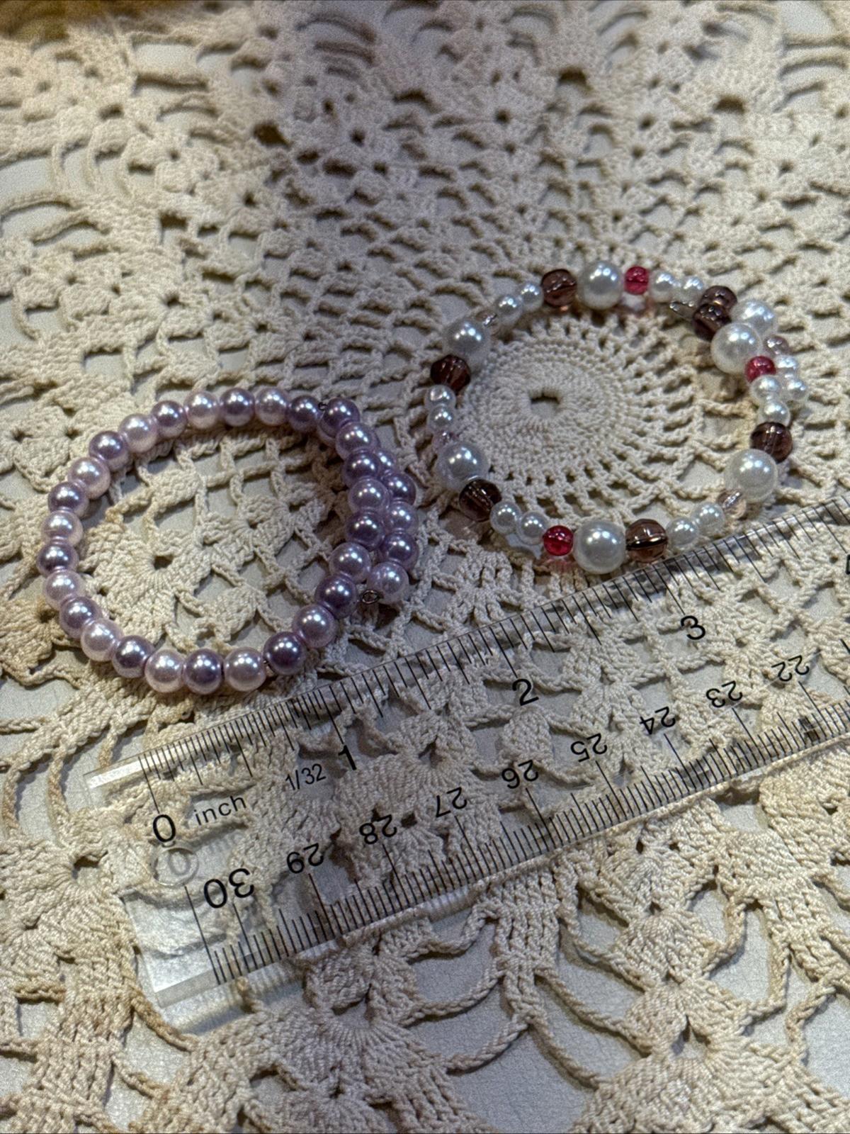 Memory Wire Faux Pearls, Clear Purple And Pink ADJUSTABLE Bracelets Pair Of 2