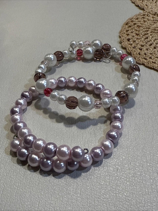 Memory Wire Faux Pearls, Clear Purple And Pink ADJUSTABLE Bracelets Pair Of 2