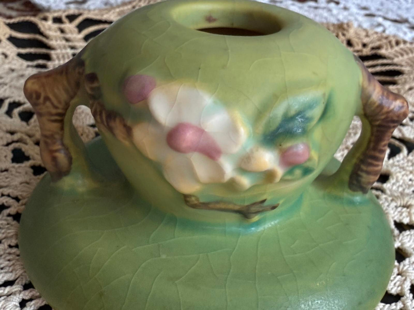 Vintage Roseville Pottery Green Apple Blossom Candle Holder 351 2" Tall USA