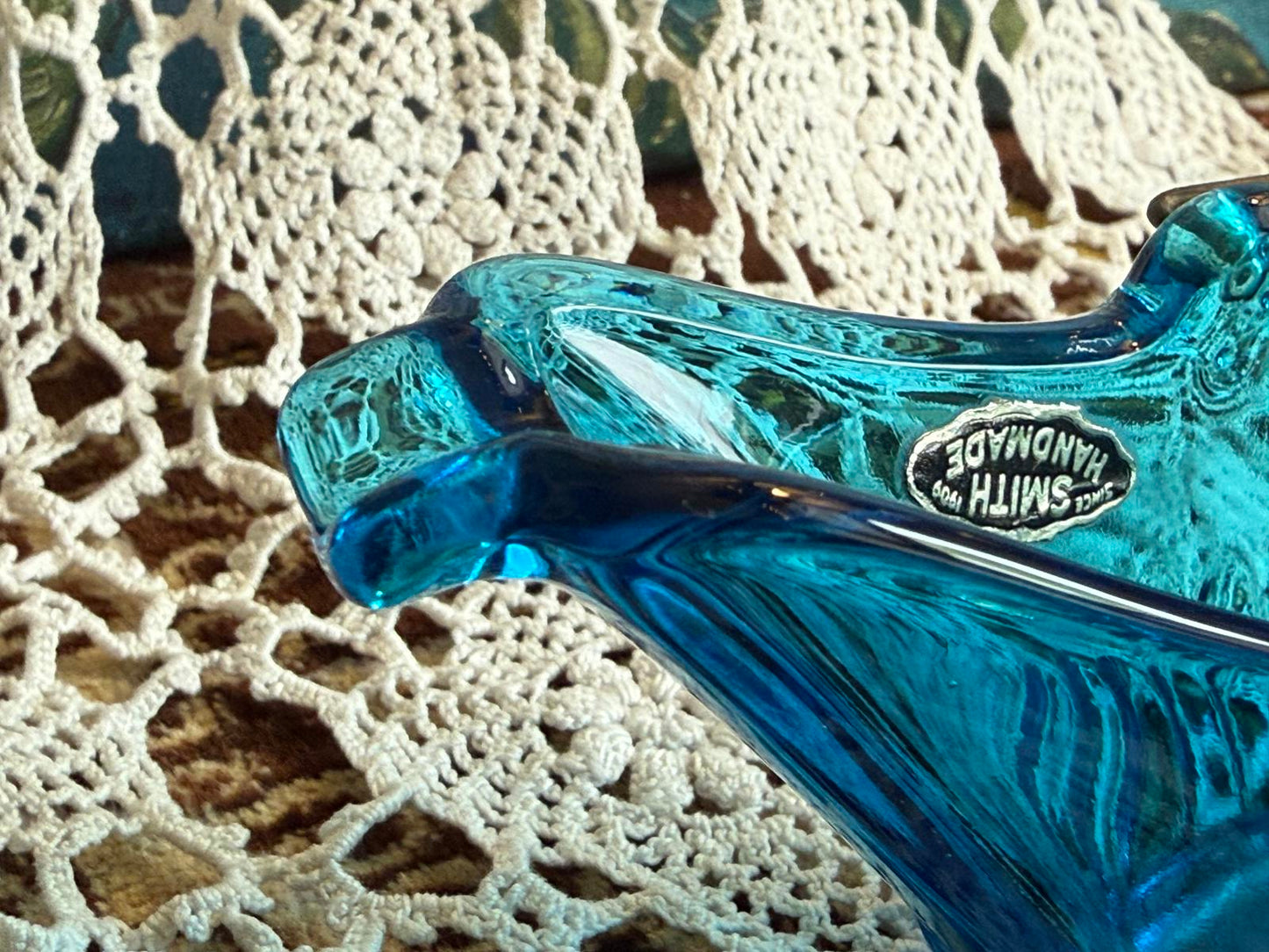 L.E. Smith Blue 'Coal Buck' Ashtray with metal handle Smith Glass