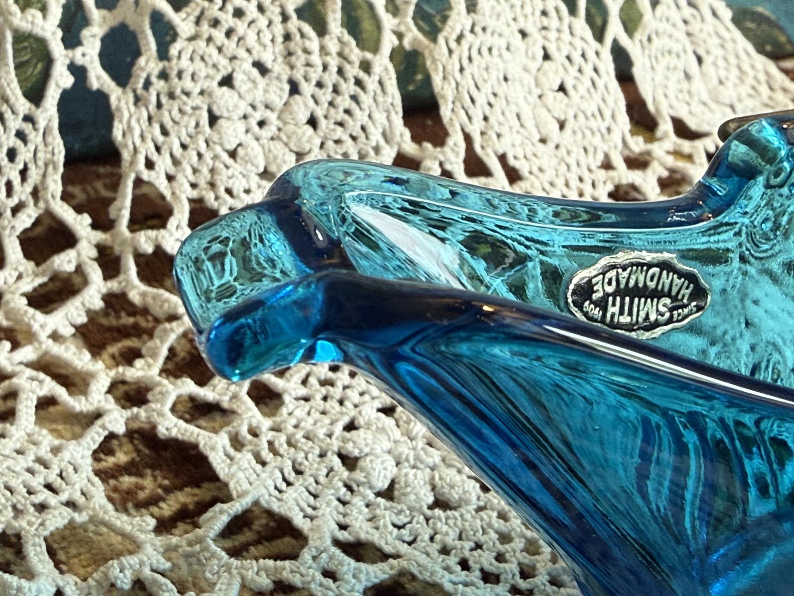 L.E. Smith Blue 'Coal Buck' Ashtray with metal handle Smith Glass