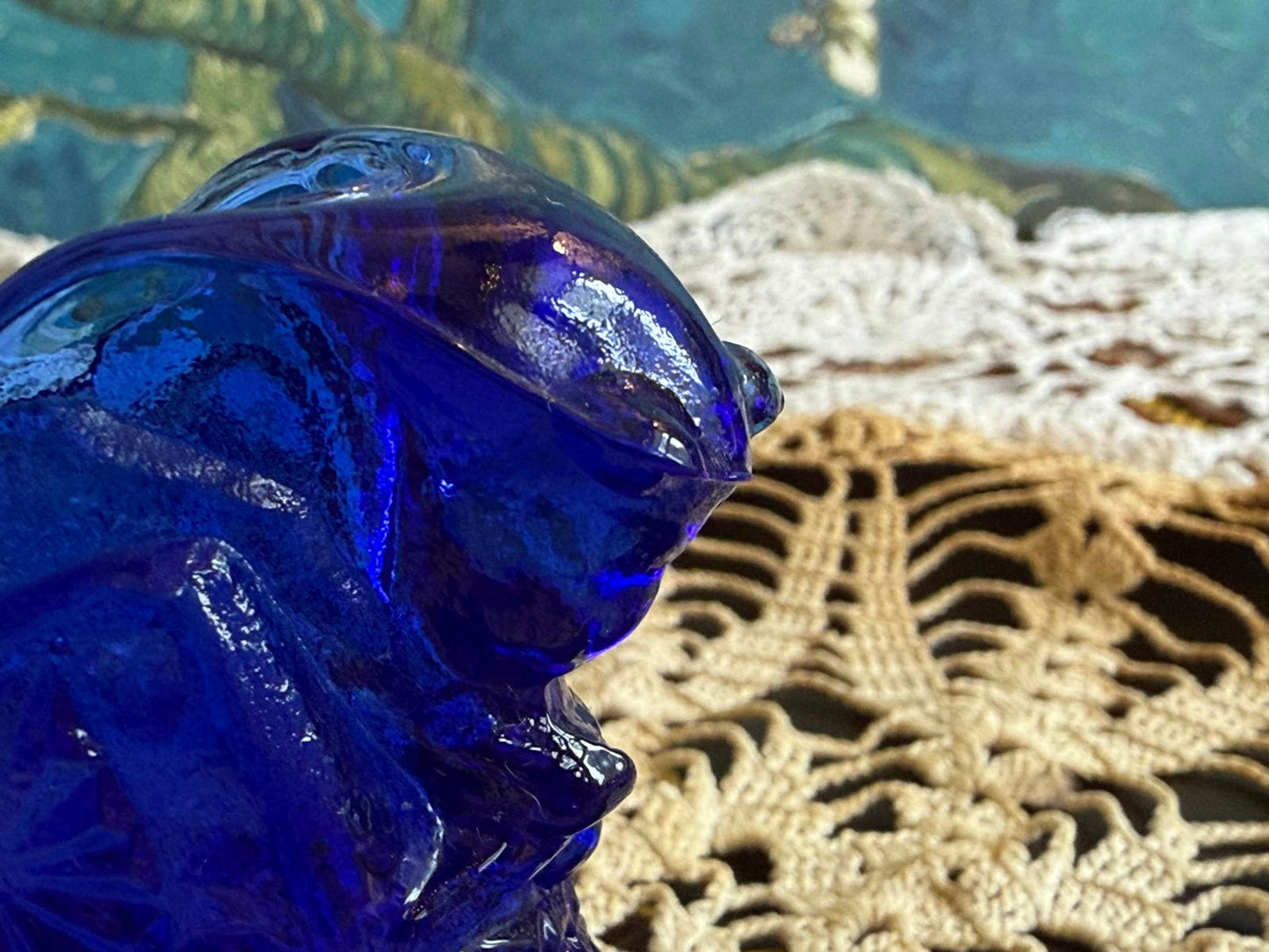 Vintage Fenton Art Glass Cobalt Daisy Button Cat Head Slipper Great condition