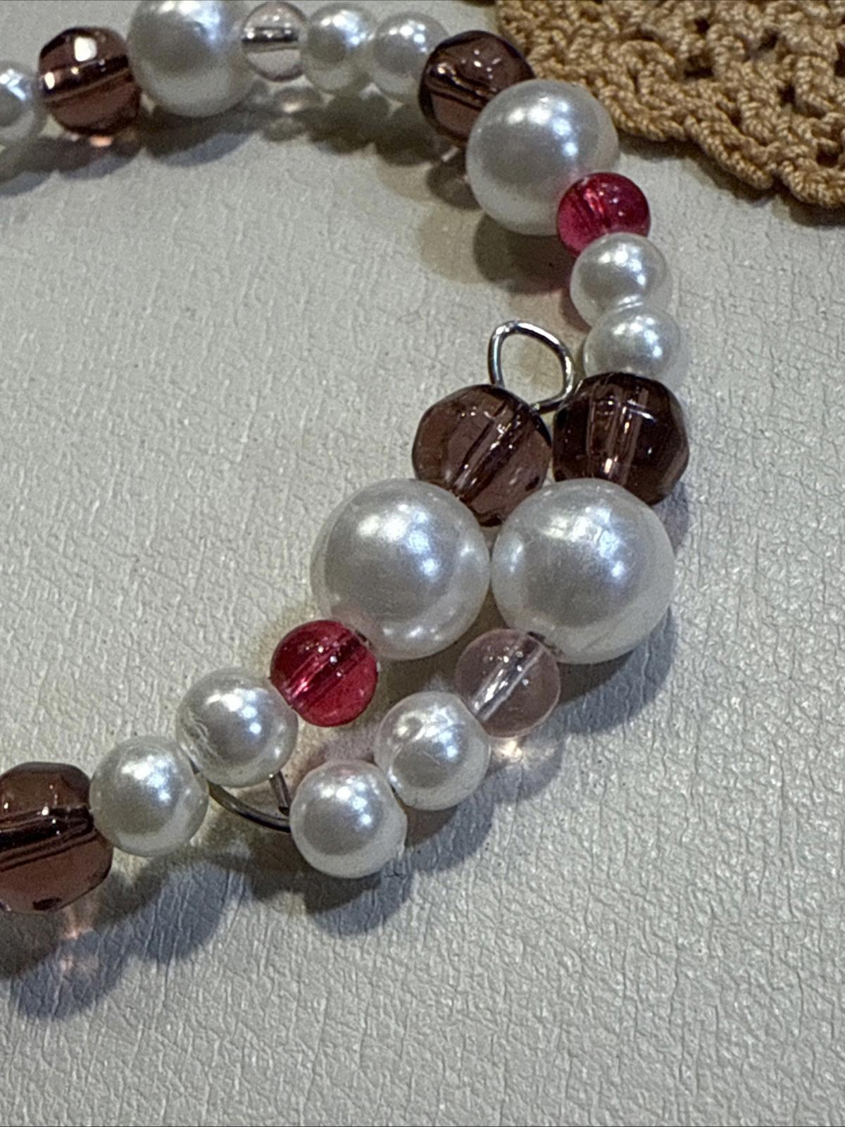 Memory Wire Faux Pearls, Clear Purple And Pink ADJUSTABLE Bracelets Pair Of 2