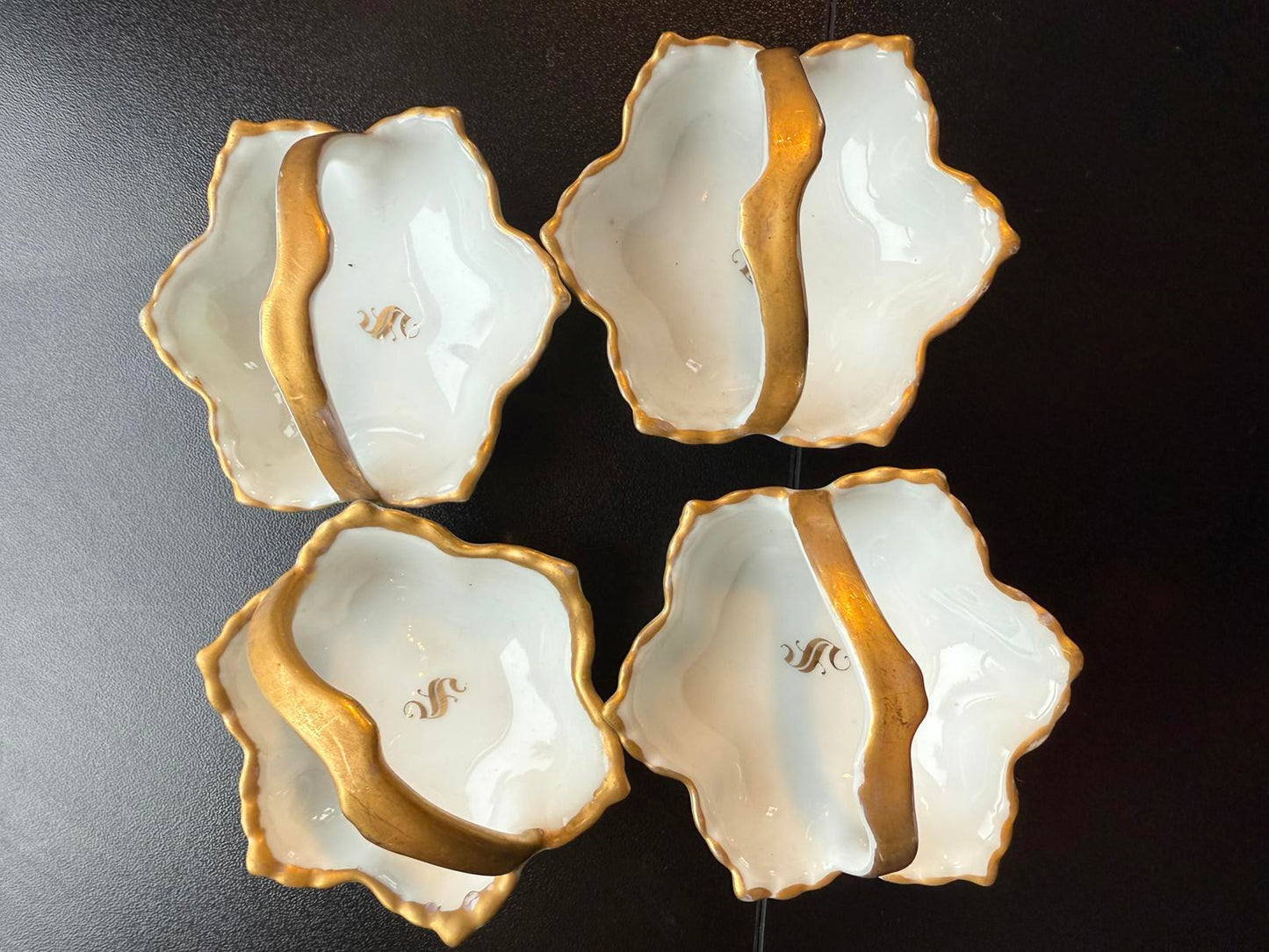 Set of 4 Porcelain Bowls with Gold Trim & Handles Salt Cellar or Condiment Dish