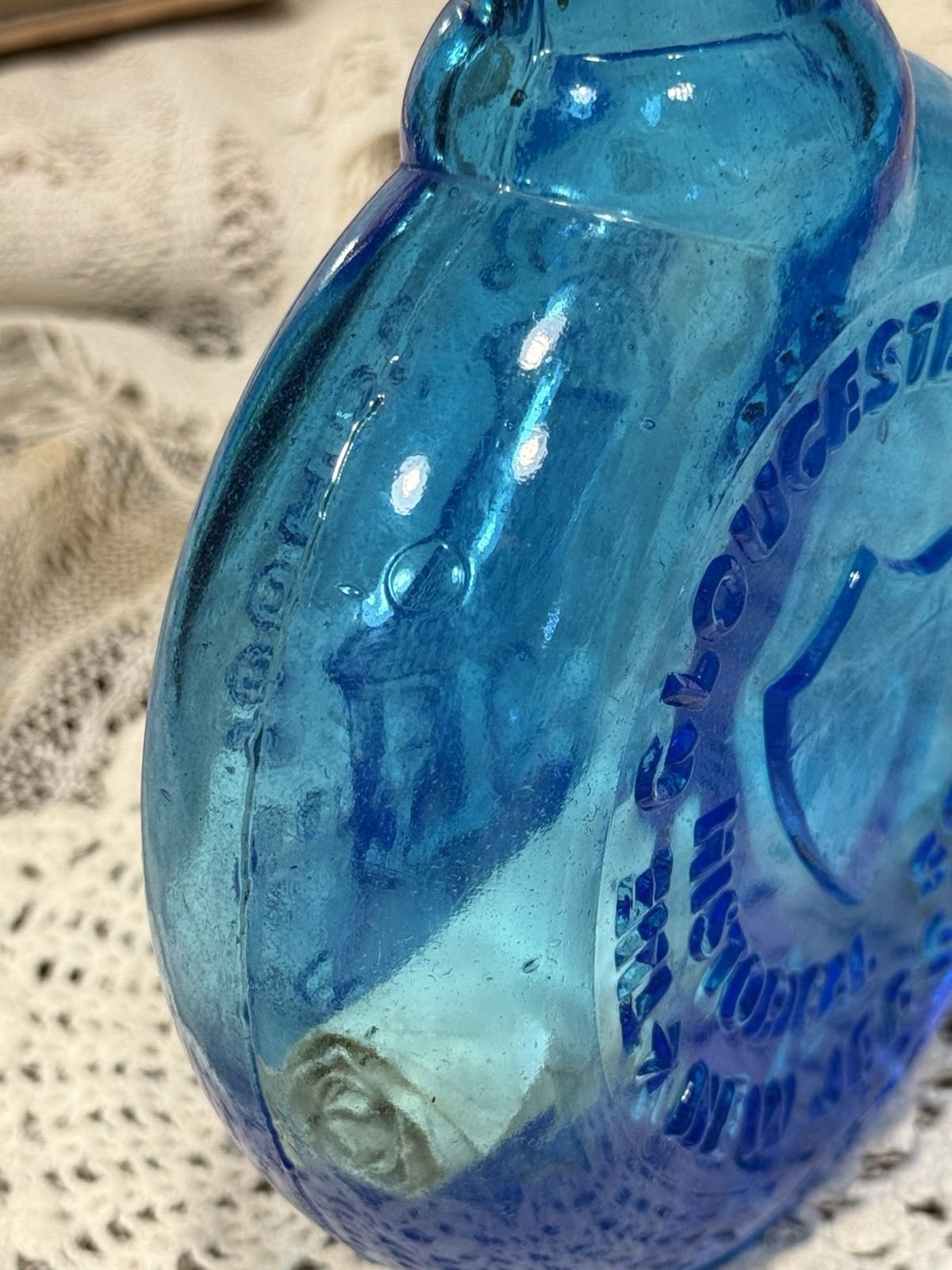 Clevenger Brothers glass bottle Octoganal School Mullica Hill NJ blue w/ scroll