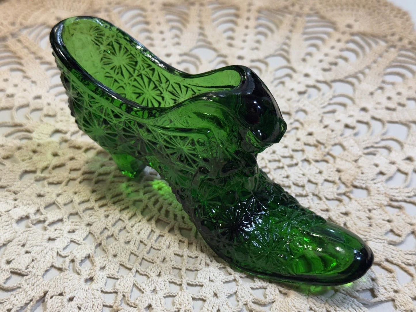 Vintage Cat Fenton Green Glitter Glass Daisy & Buttons Shoe Slipper Boot 6 in