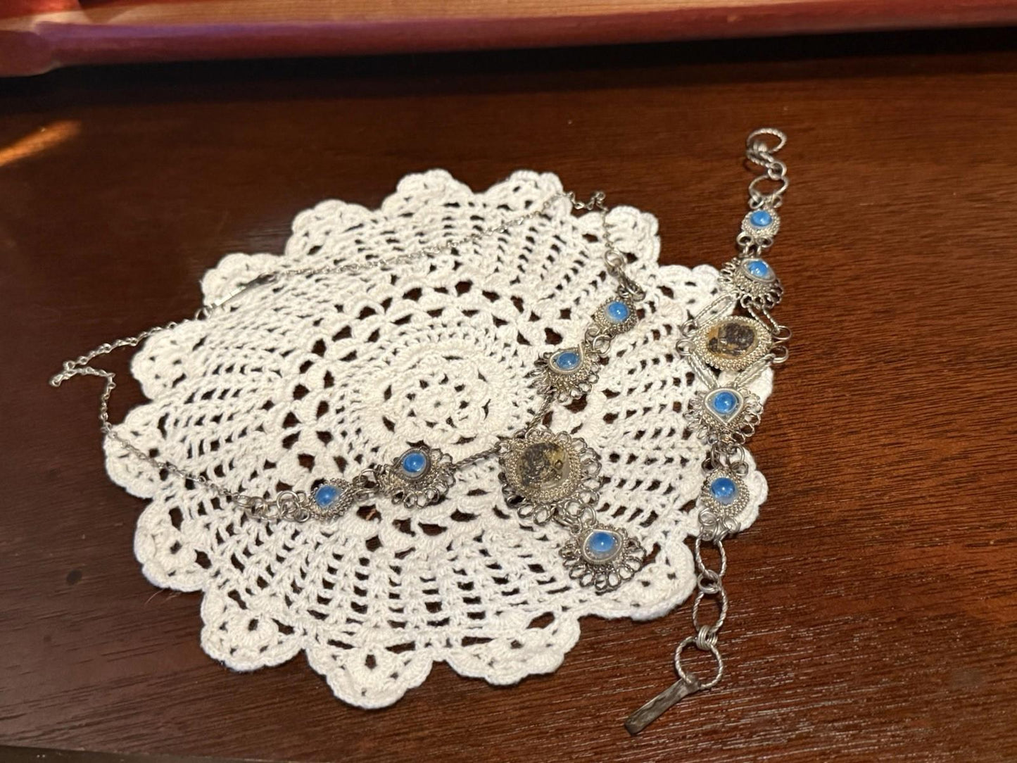 wire wrapped necklace and bracelet set 1970’s silver tone with beads set