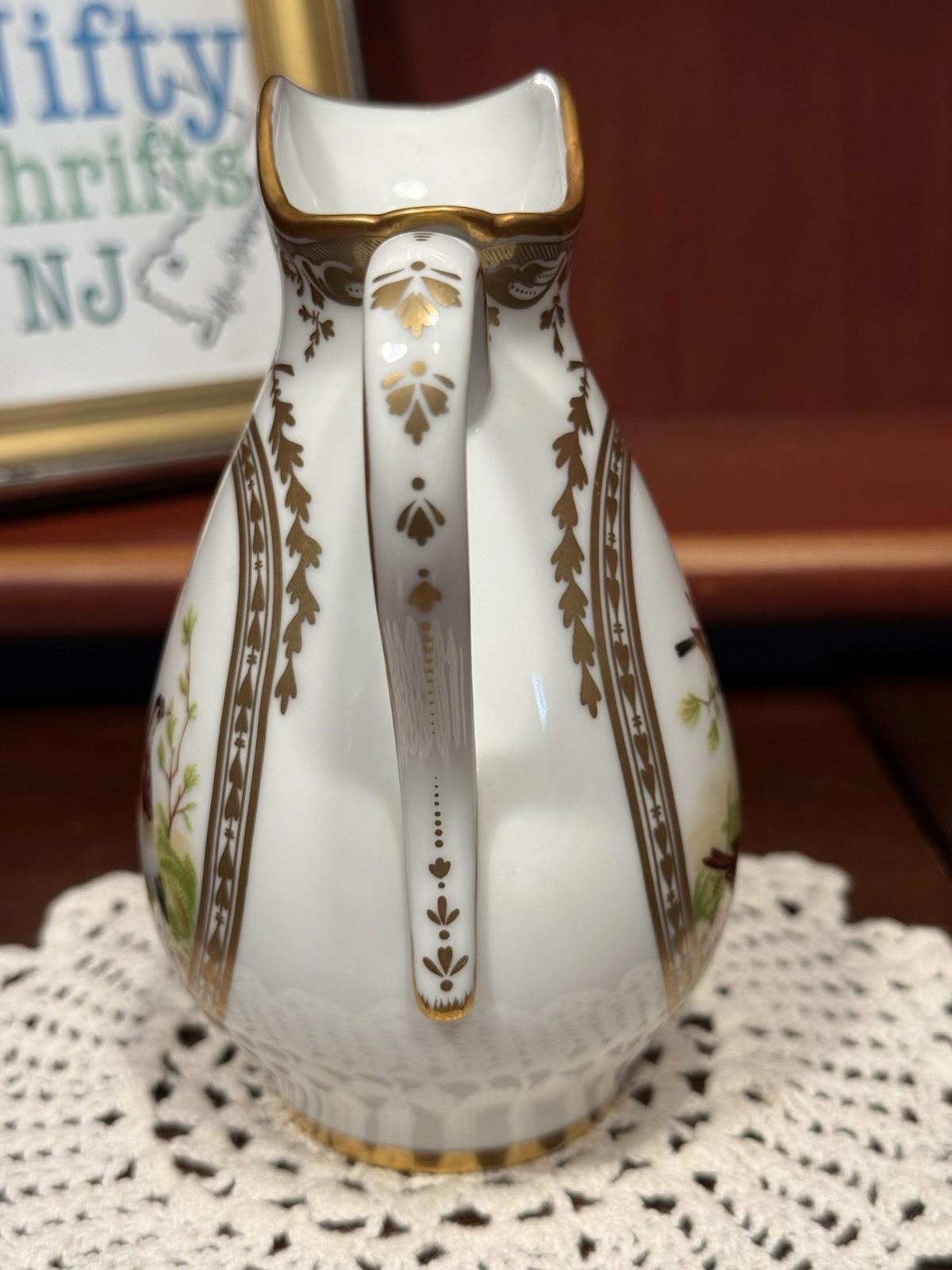 The Franklin Mint Fine Porcelain Creamer Pitcher Floral & Birds Gold Gilt