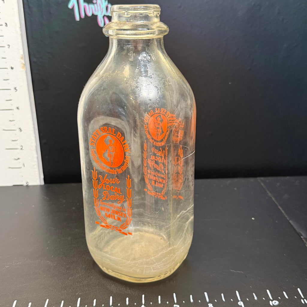 Vintage Glass Milk Bottle - Jersey Local Dairy State Seal Dairy NJ