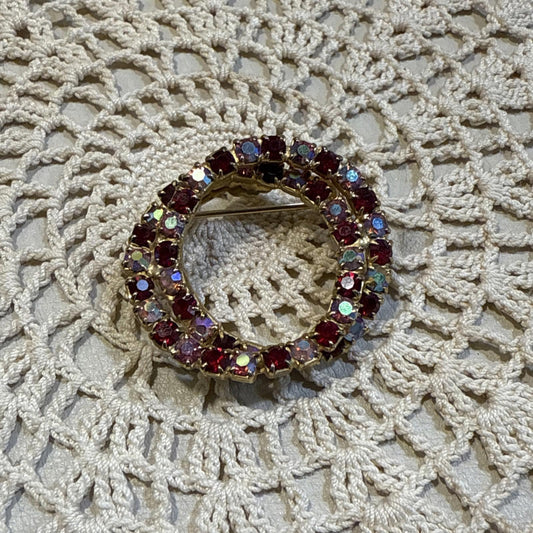 Vintage Double Ring Circle Red & Pink Aurora Borealis Rhinestone Pin Brooch 1 In
