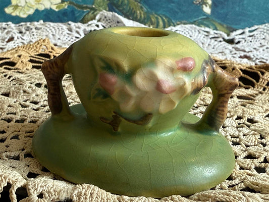 Vintage Roseville Pottery Green Apple Blossom Candle Holder 351 2" Tall USA