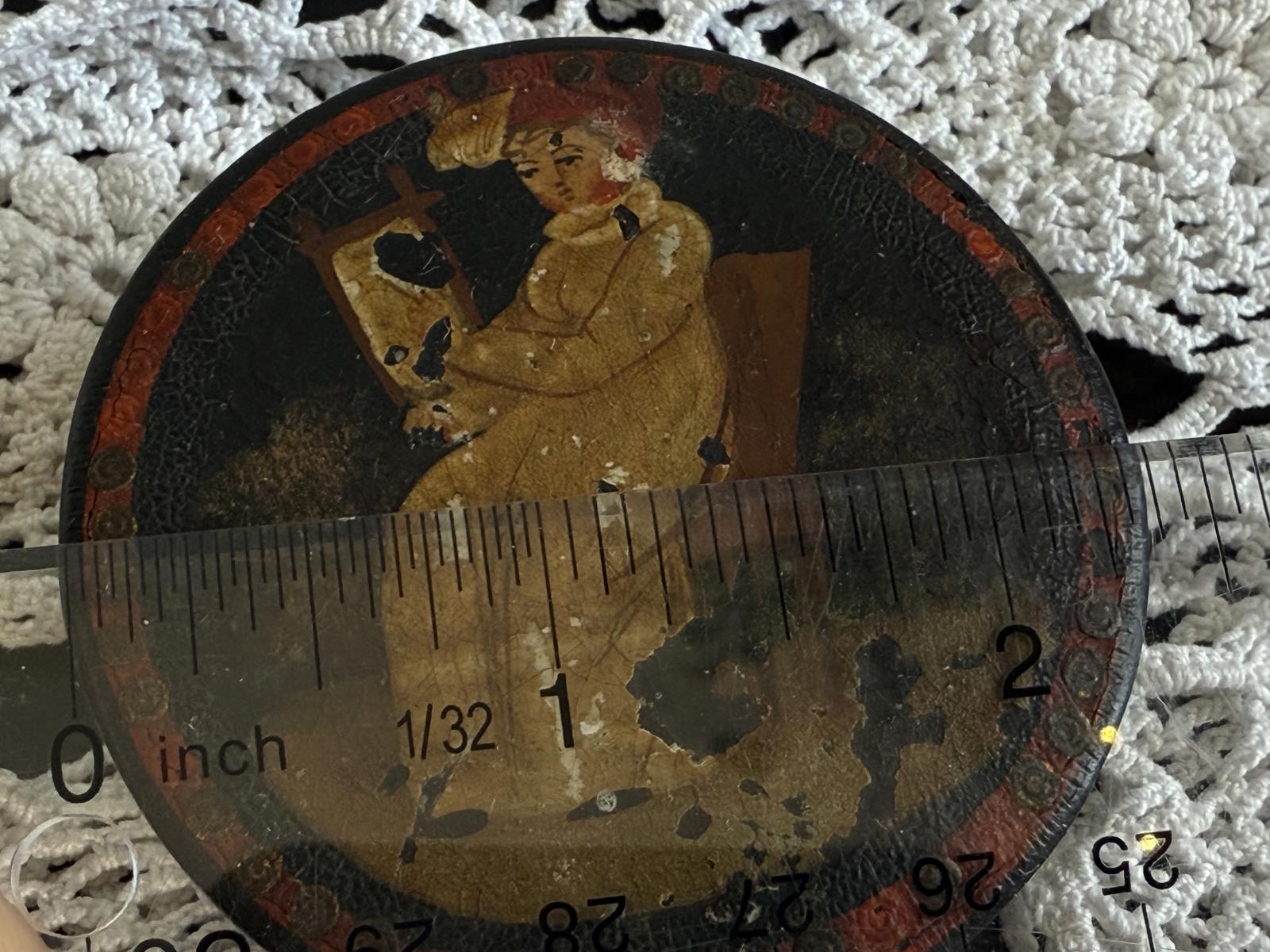 Antique Hand Painted Lacquer Snuff Box, Papier-mâché early 1800's sitting woman