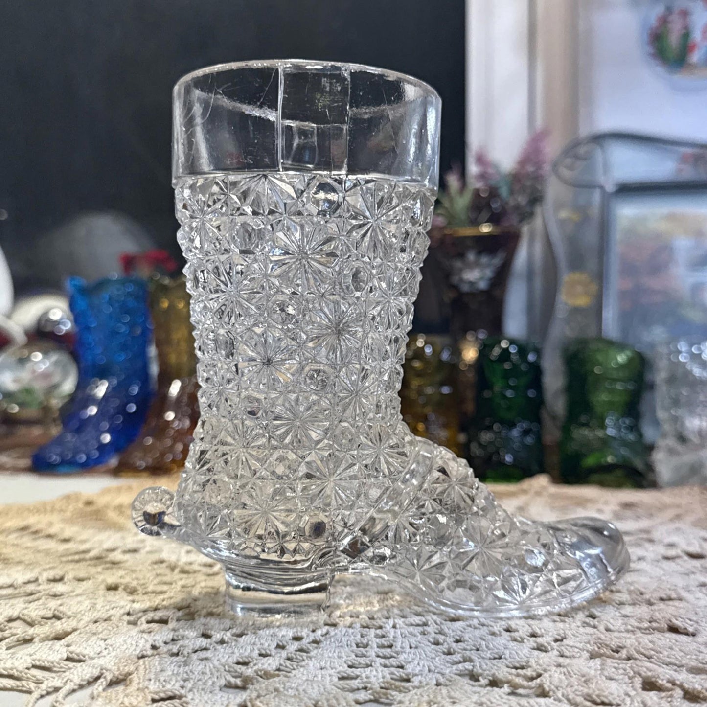 Mid-Size Daisy & Button Clear Glass Drinking Boot shoe EAPG Early American