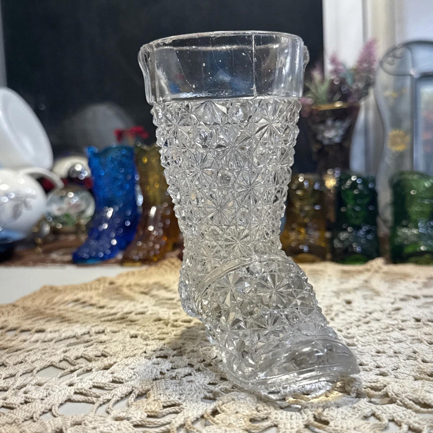 Mid-Size Daisy & Button Clear Glass Drinking Boot shoe EAPG Early American