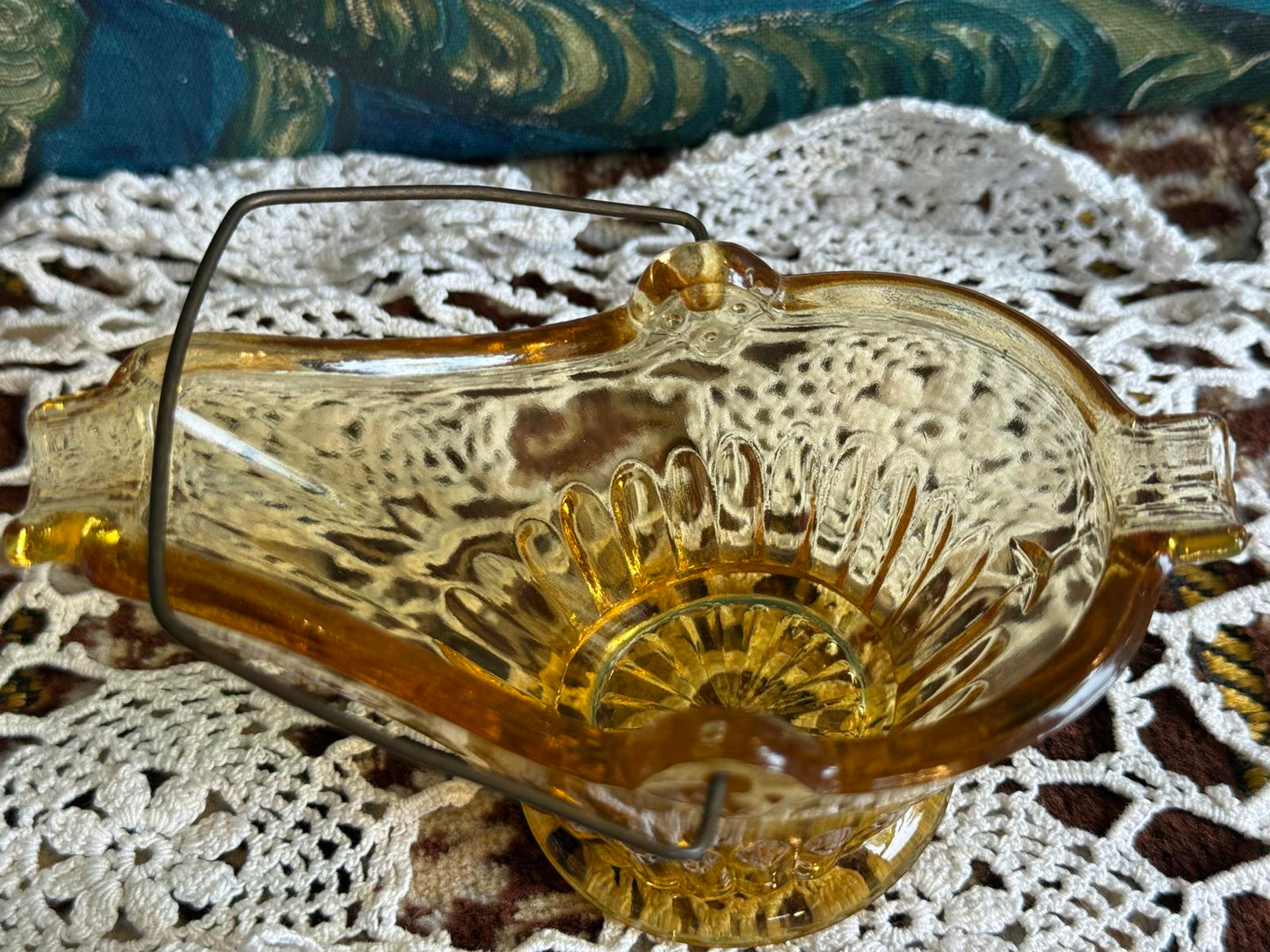 L.E. Smith Yellow 'Coal Buck' Ashtray with metal handle Smith Glass