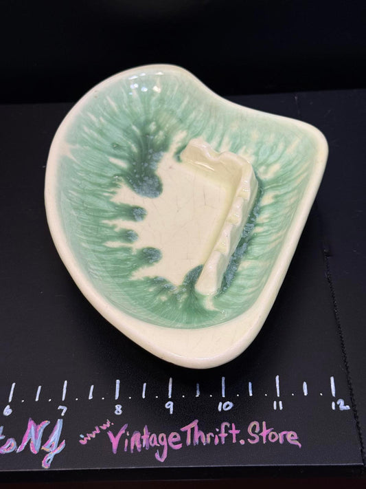 Vintage Green and Cream Ceramic glazed ash tray MCM