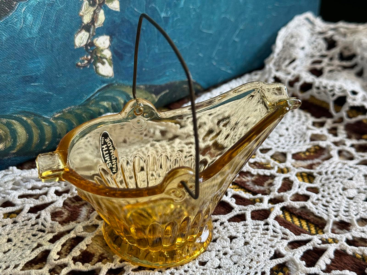 L.E. Smith Yellow 'Coal Buck' Ashtray with metal handle Smith Glass