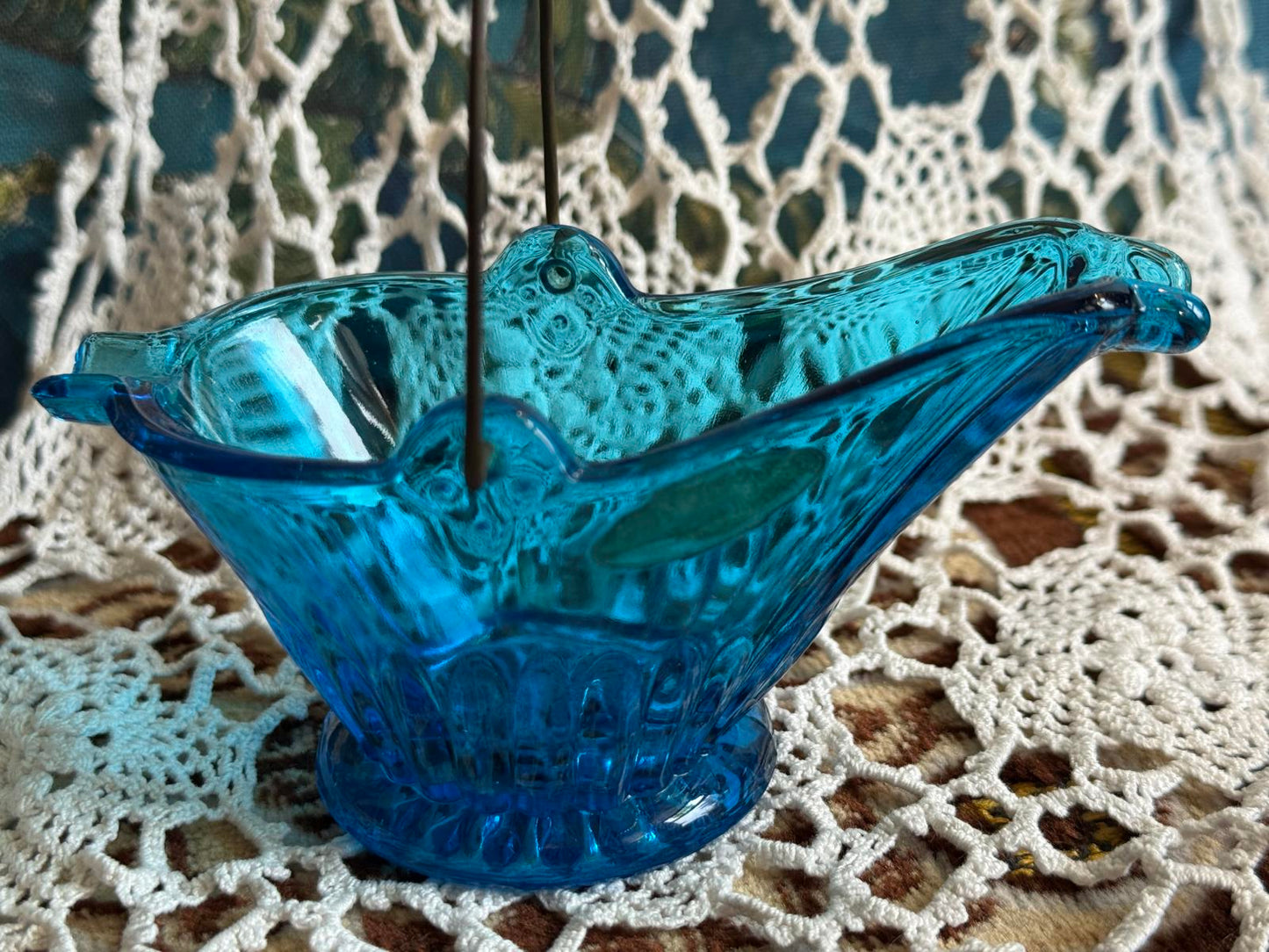 L.E. Smith Blue 'Coal Buck' Ashtray with metal handle Smith Glass