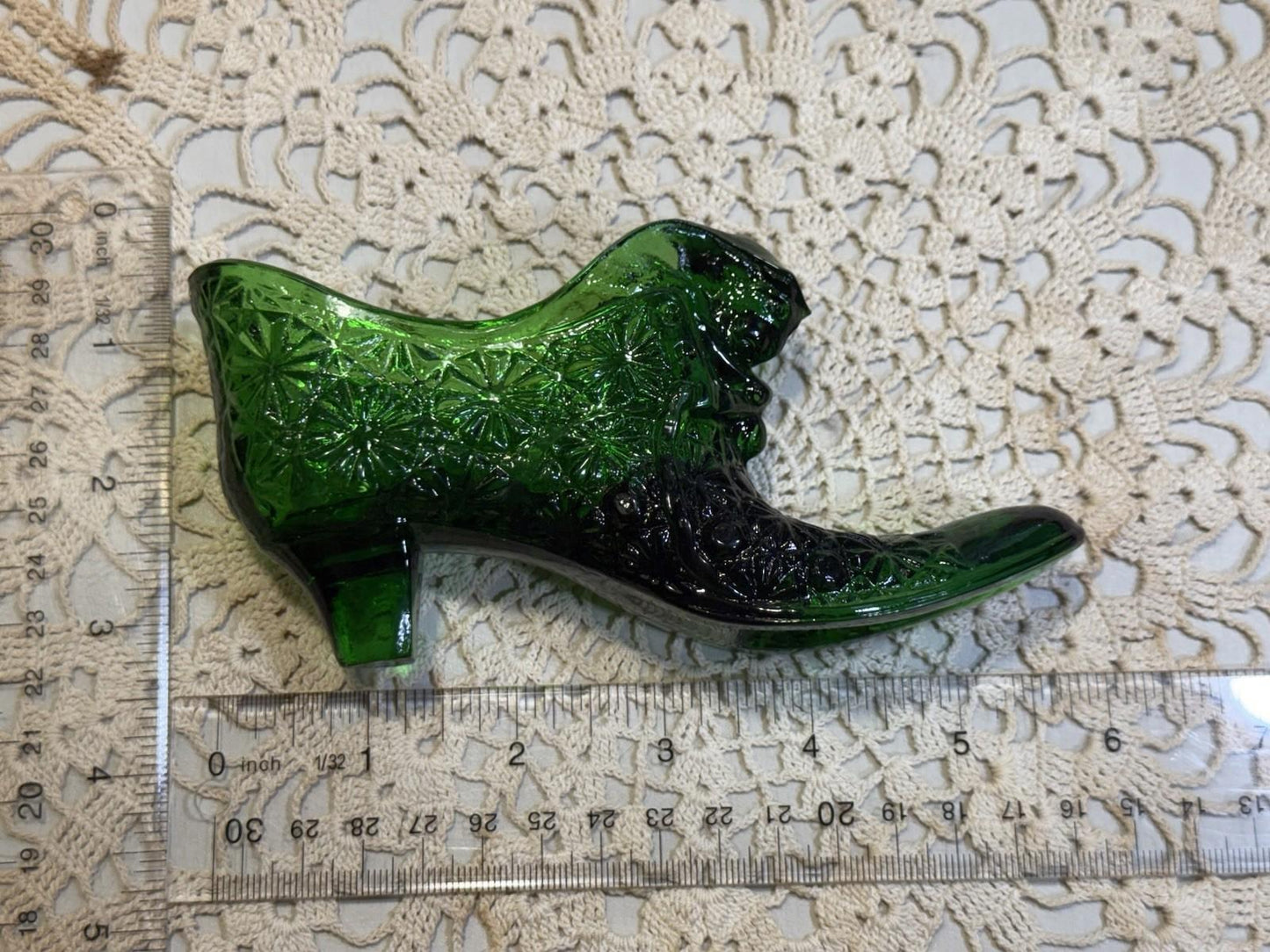 Vintage Cat Fenton Green Glitter Glass Daisy & Buttons Shoe Slipper Boot 6 in