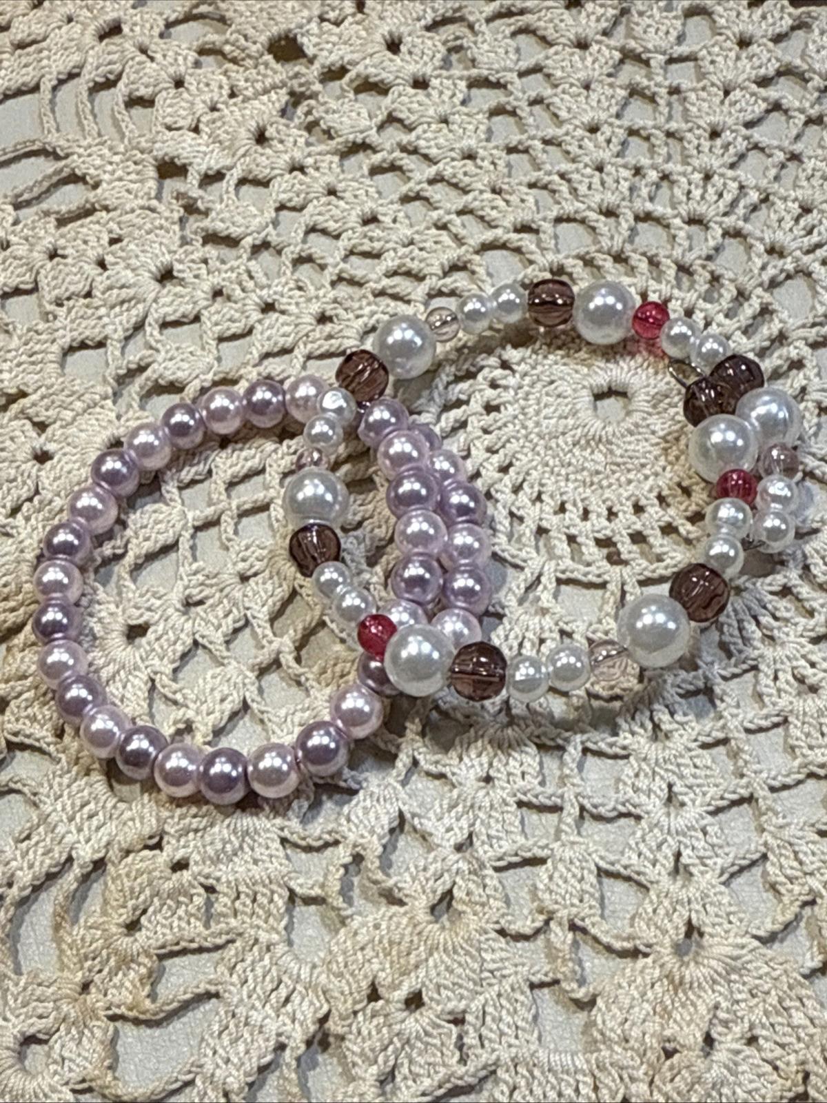 Memory Wire Faux Pearls, Clear Purple And Pink ADJUSTABLE Bracelets Pair Of 2