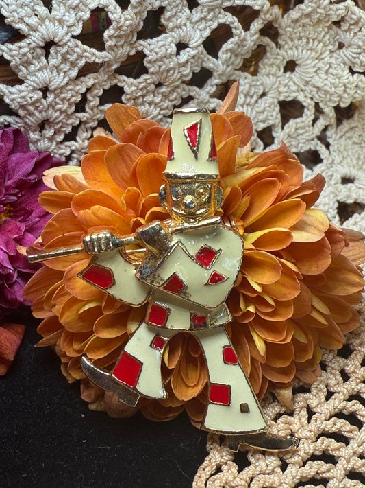Vintage Articulated Clown White & Red Enamel on Gold Tone Brooch Pin