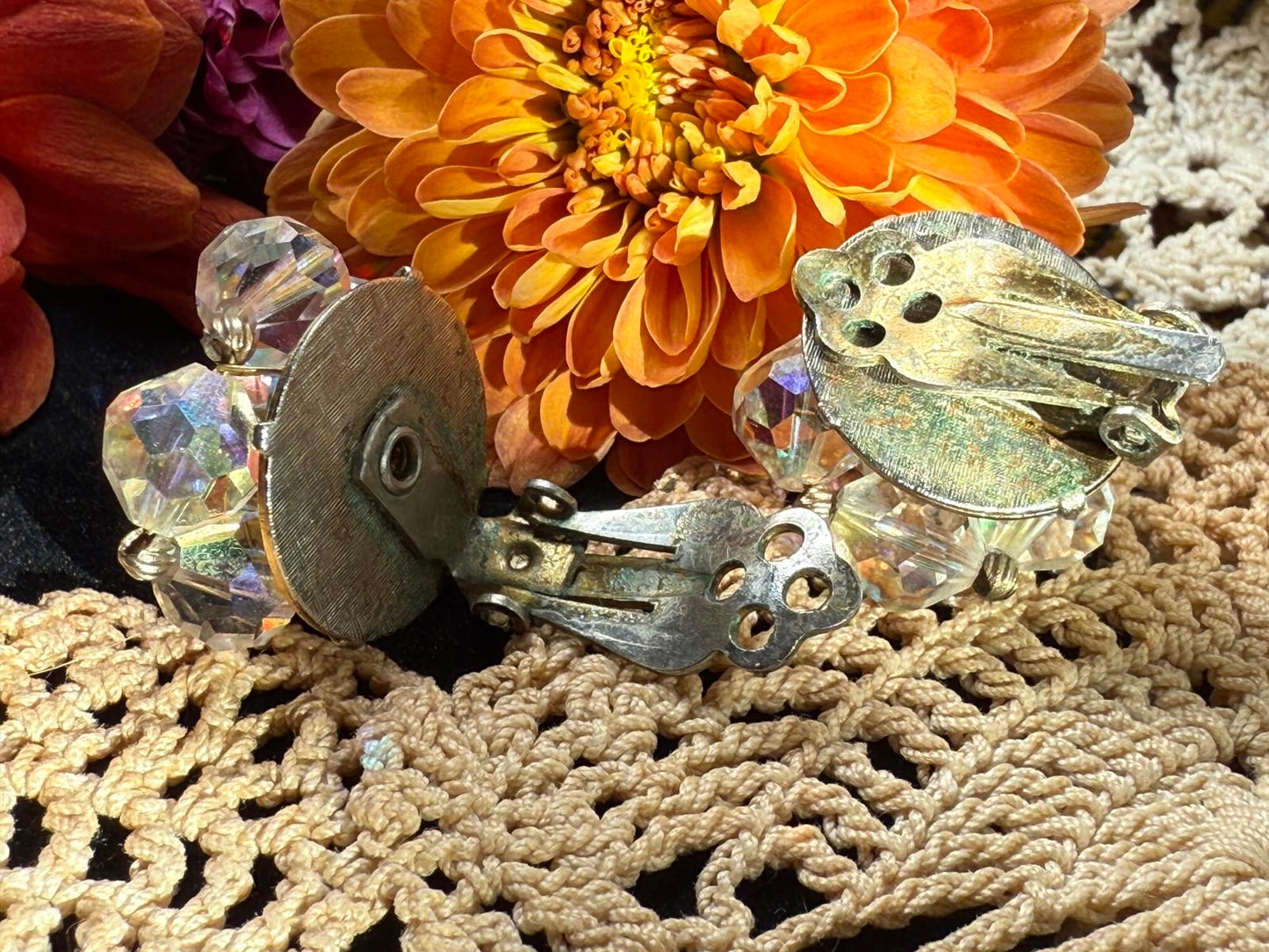 Vintage 1950s Aurora Borealis Crystal Clip Earrings