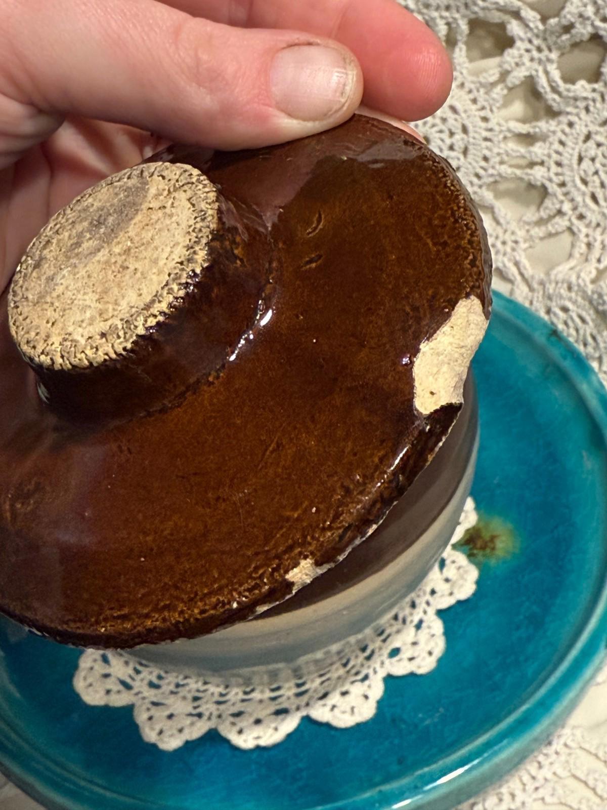 Vintage Bean Pot hand thrown clay pottery two tone with small chips on lid