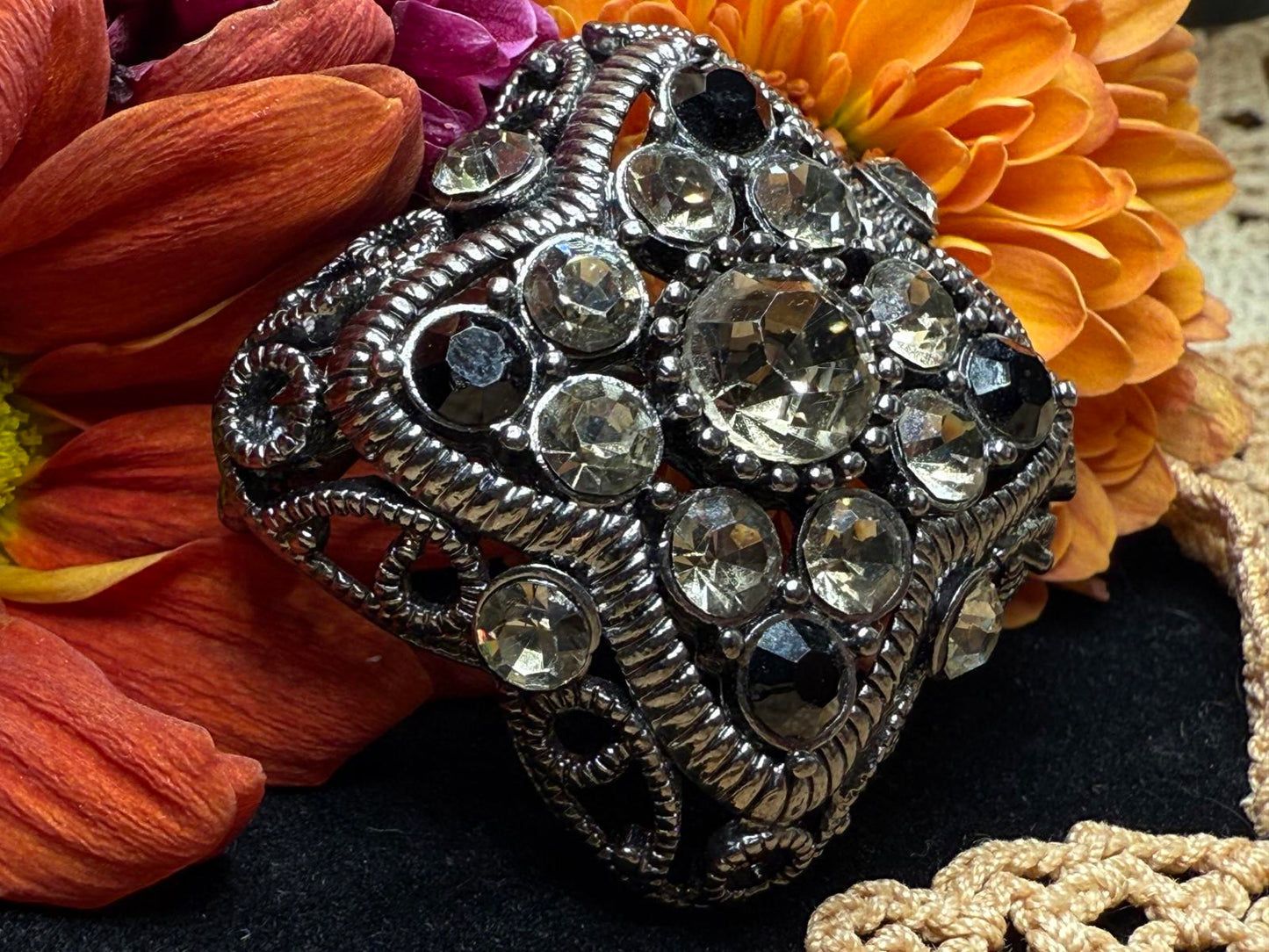 Vintage Premier Designs Signed Brooch/Pin/Pendant Smoky Grey Black Rhinestones