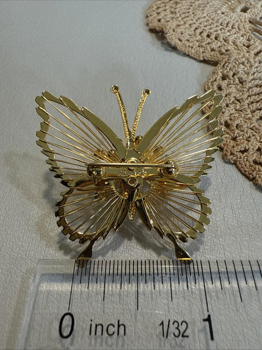Vintage Monet Brooch Butterfly Signed Rhinestone Gold Tone C Clasp