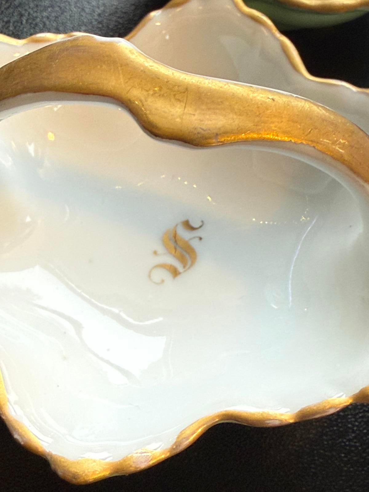 Set of 4 Porcelain Bowls with Gold Trim & Handles Salt Cellar or Condiment Dish