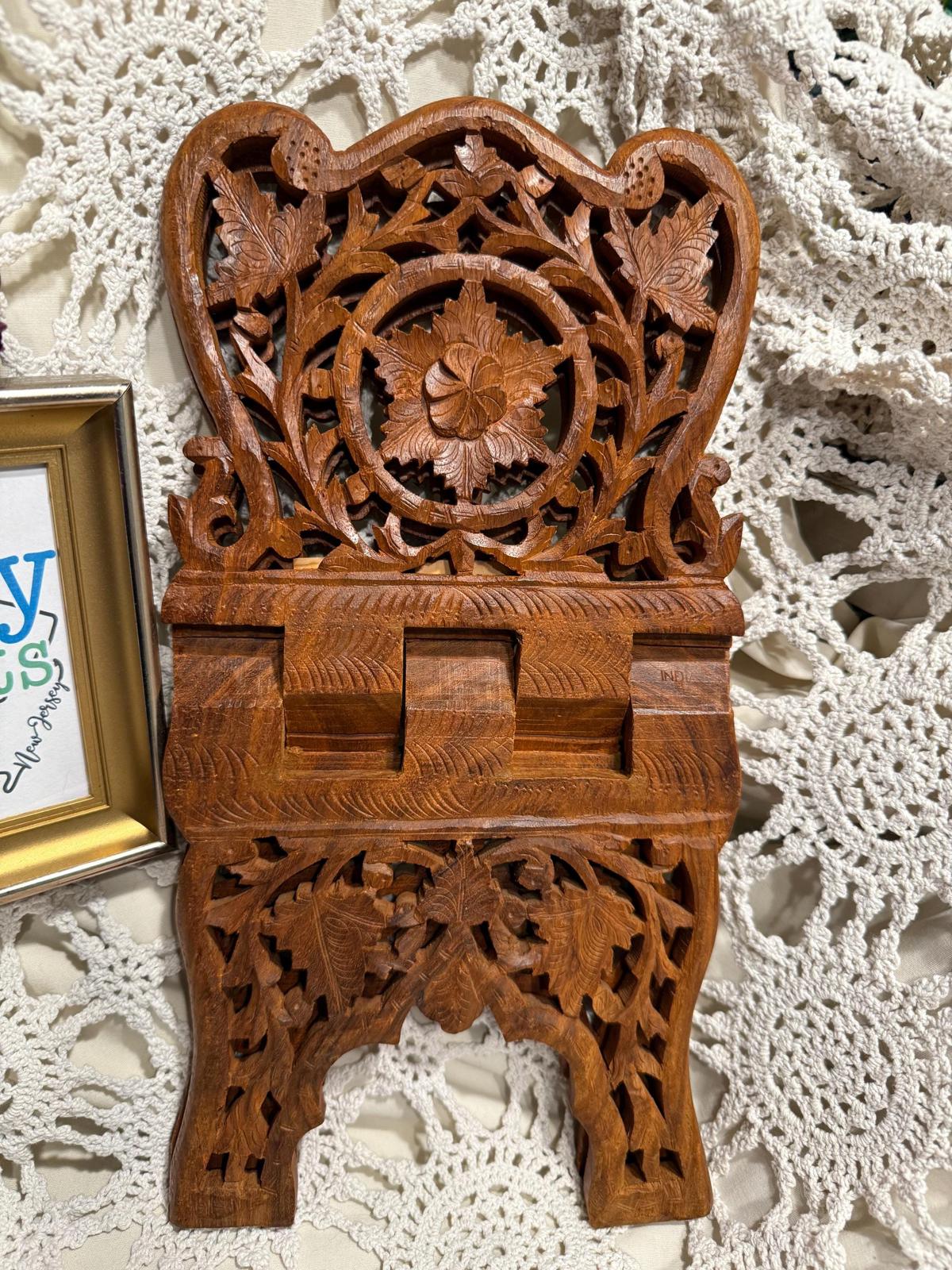 Vintage wooden hand carved book cookbook bible stand made in India sheesham wood