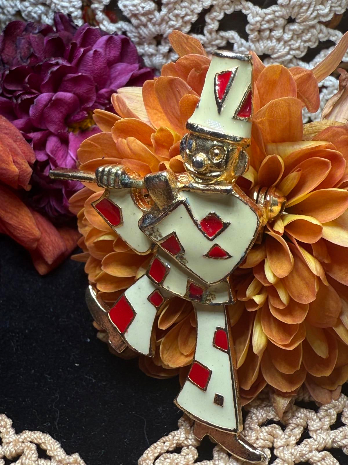 Vintage Articulated Clown White & Red Enamel on Gold Tone Brooch Pin