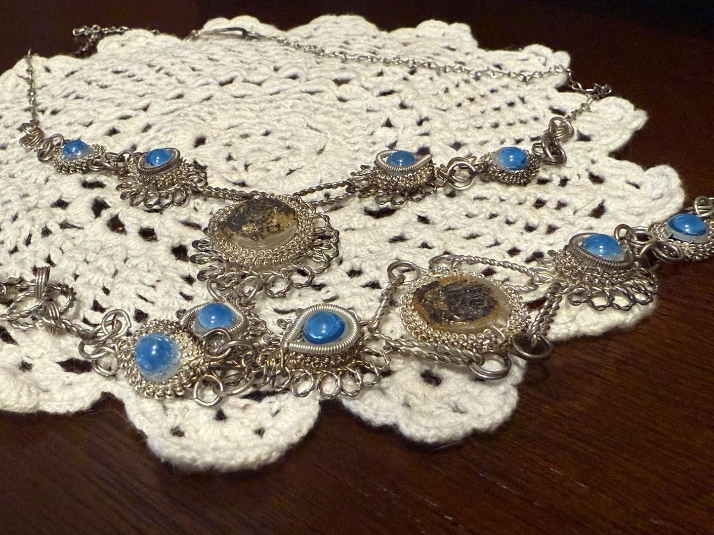 wire wrapped necklace and bracelet set 1970’s silver tone with beads set