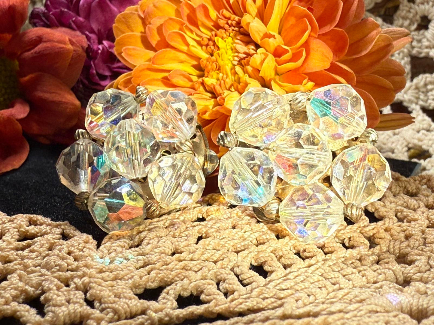 Vintage 1950s Aurora Borealis Crystal Clip Earrings