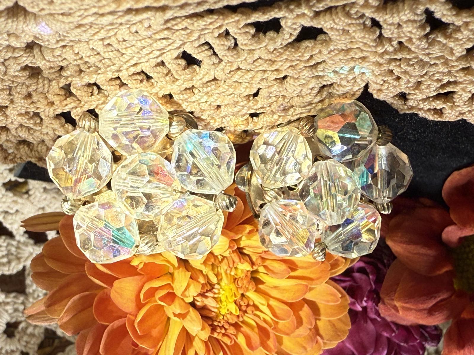 Vintage 1950s Aurora Borealis Crystal Clip Earrings