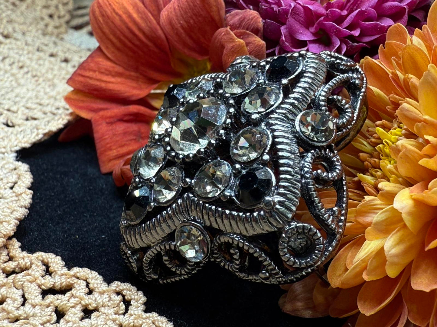 Vintage Premier Designs Signed Brooch/Pin/Pendant Smoky Grey Black Rhinestones