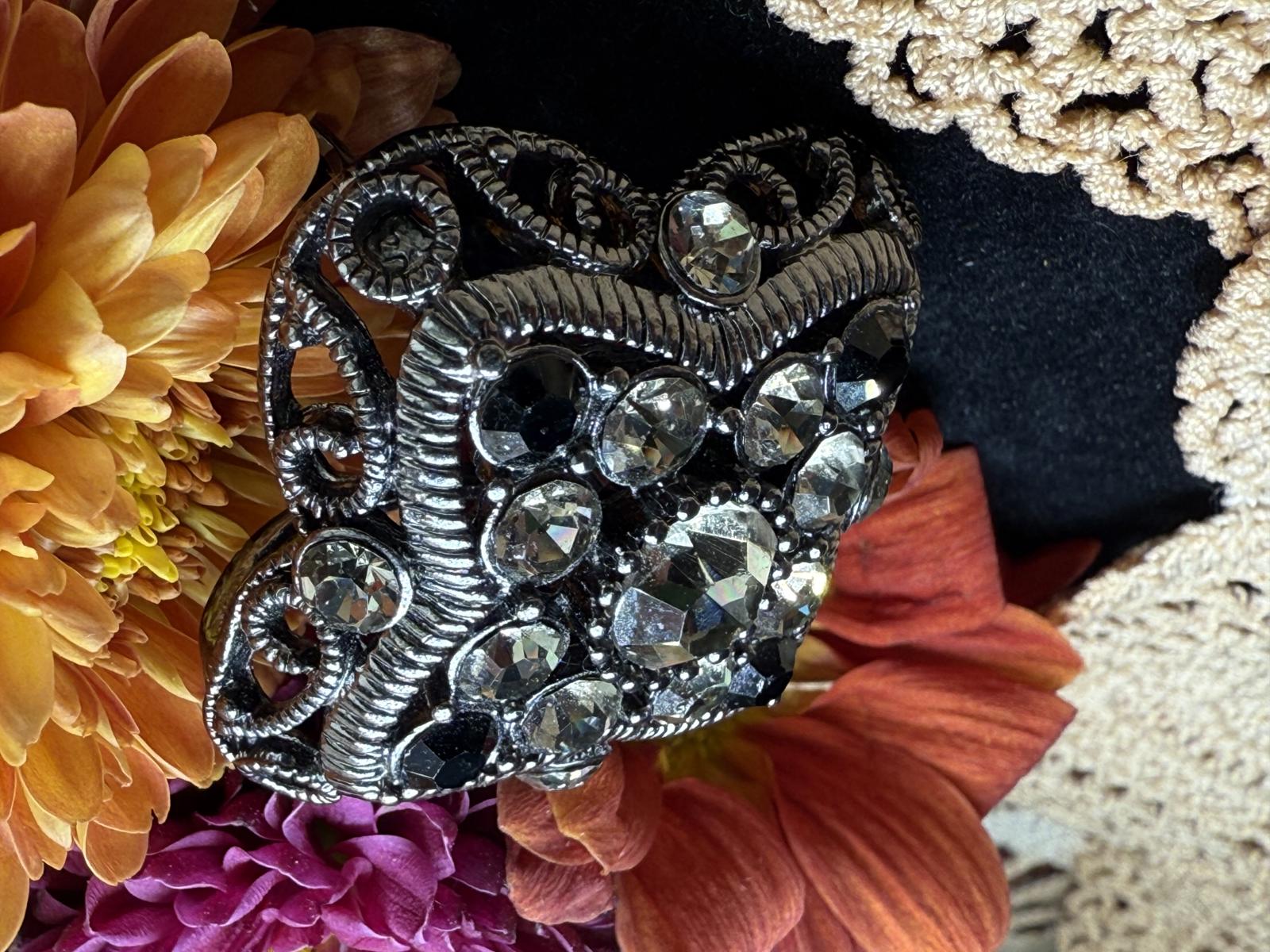 Vintage Premier Designs Signed Brooch/Pin/Pendant Smoky Grey Black Rhinestones